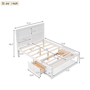 White Wood Frame Full Size Platform Bed with Drawer on the Each Side and Shelf on the End of the Bed