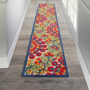 Aloha Easy-Care Red/Multicolor 2 ft. x 12 ft. Kitchen Runner Floral Modern Indoor/Outdoor Patio Area Rug