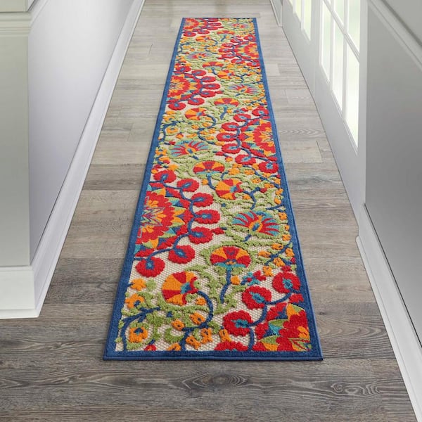 Aloha Easy-Care Red/Multicolor 2 ft. x 12 ft. Kitchen Runner Floral Modern Indoor/Outdoor Patio Area Rug