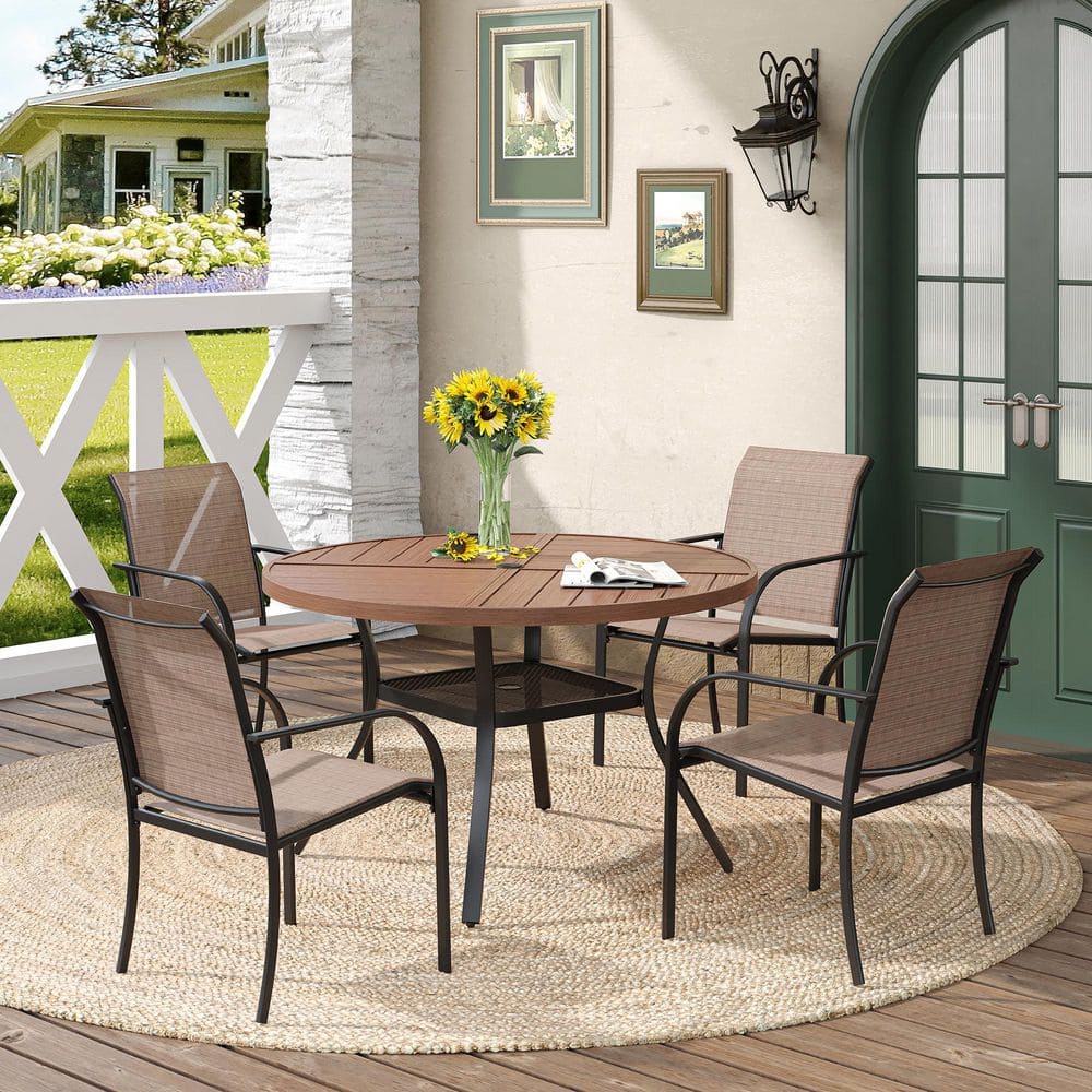 5-Piece Outdoor Patio Dining Set with 40.6 in. Walnut Round Table and 4-Brown Dining Chairs price history on PriceWatchPro