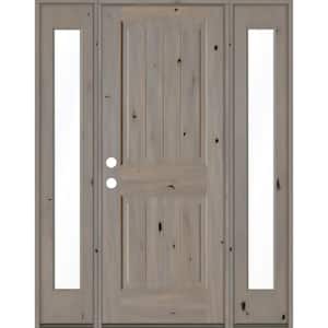 58 in. x 80 in. Rustic Knotty Alder Square Top Right-Hand/Inswing Clear Glass Grey Stain Wood Prehung Front Door w/DFSL