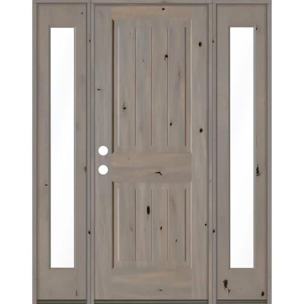 Krosswood Doors 60 in. x 80 in. Rustic Knotty Alder Square Top Right-Hand/Inswing Clear Glass Grey Stain Wood Prehung Front Door w/DFSL