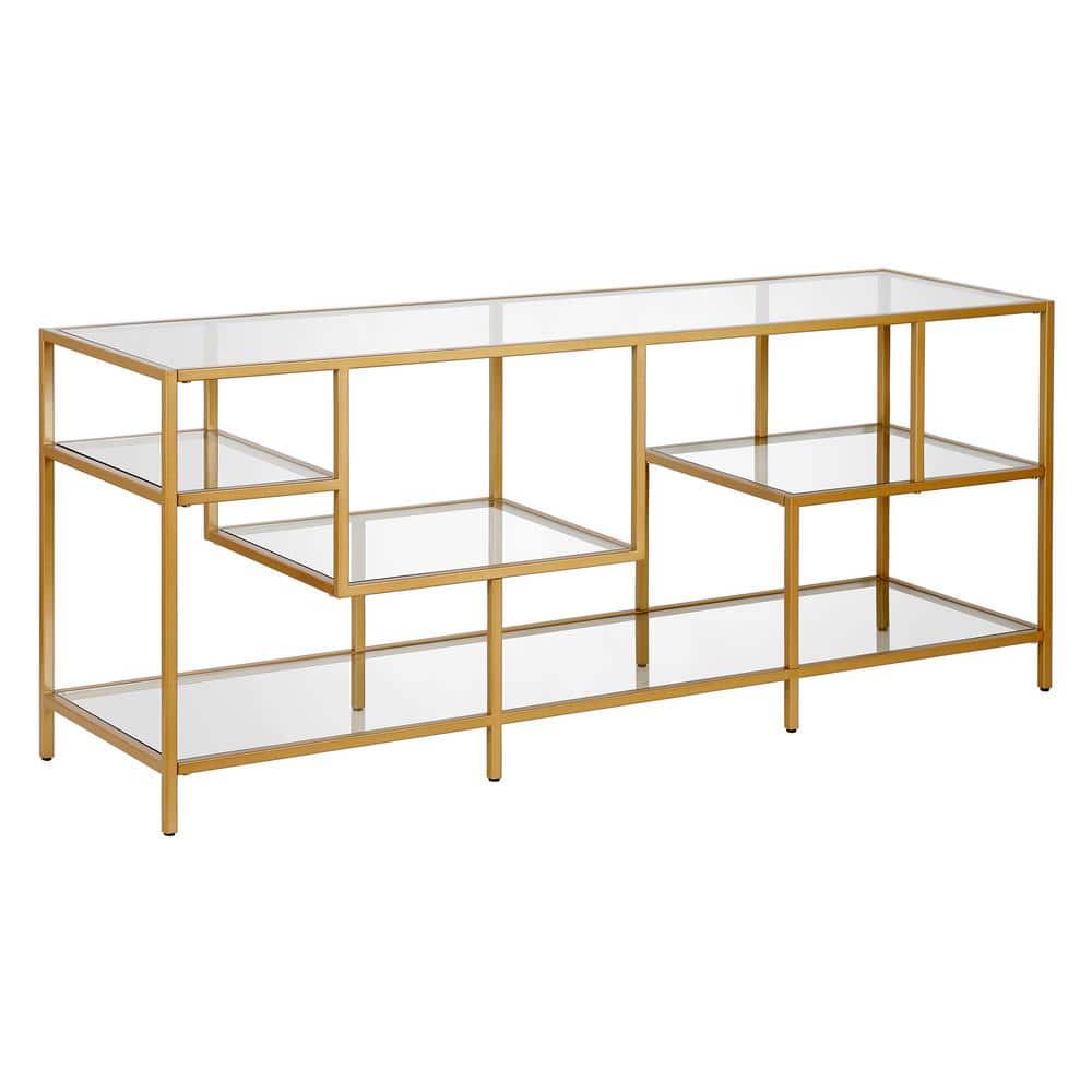 Deveraux 58" Glam Brass TV Stand with Tempered Glass Shelves