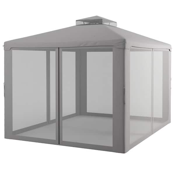 11.5 ft. x 9.5 ft. Gray Patio Gazebo, Outdoor Canopy Shelter with 2-Tier Roof and Netting, Steel Frame