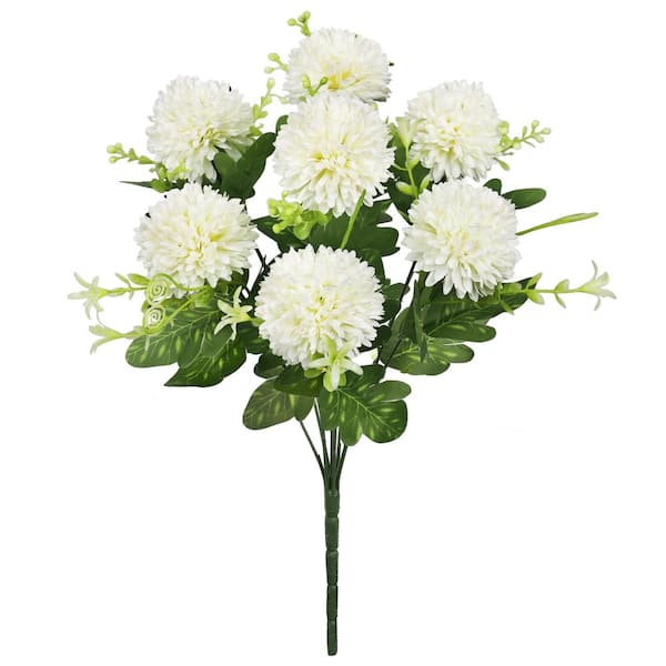 16 in. Cream White Artificial Pom Mum Flower Stem Bush Bouquet (Set of 3)