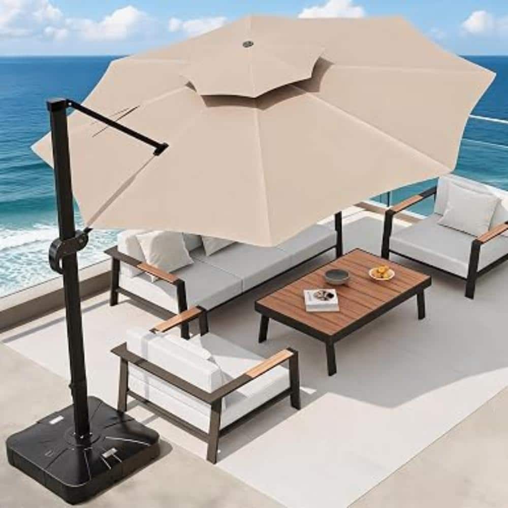 10×10FT Khaki Round Cantilever Patio Umbrella, Aluminum Frame with 360° Rotation Fillable Base & 3 Height Settings