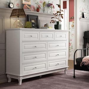 9-Drawer White Wood Dresser Storage Cabinet Modern Style 37 in. H x 55.1 in. W x 15.7 in. D