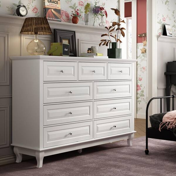 FUFU&GAGA 9-Drawer White Wood Dresser Storage Cabinet Modern Style 37 in. H x 55.1 in. W x 15.7 in. D