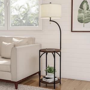 58 in. Dark Brown and Black Modern Rustic LED Floor Lamp End Table with USB Charging Port