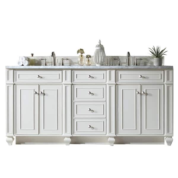James Martin Vanities Bristol 72 in. W  x I n. D x 34 in. H Double Bath Vanity in Bright White with Marble Top in Carrara White