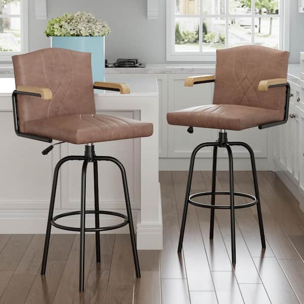 Barstools with Back (Set of 2), 45.28 in. Counter Height Brown Metal Barstools Set with Tufted Upholstery, Footrest Ring