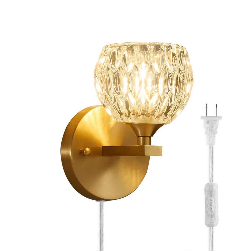 Vintage 4.7 in. 1 Light Plug-in Gold Modern Smart Home Wall Sconce with Gla