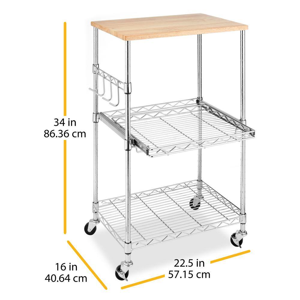 Whitmor Silver Steel Utility Cart with Wood Top and Storage