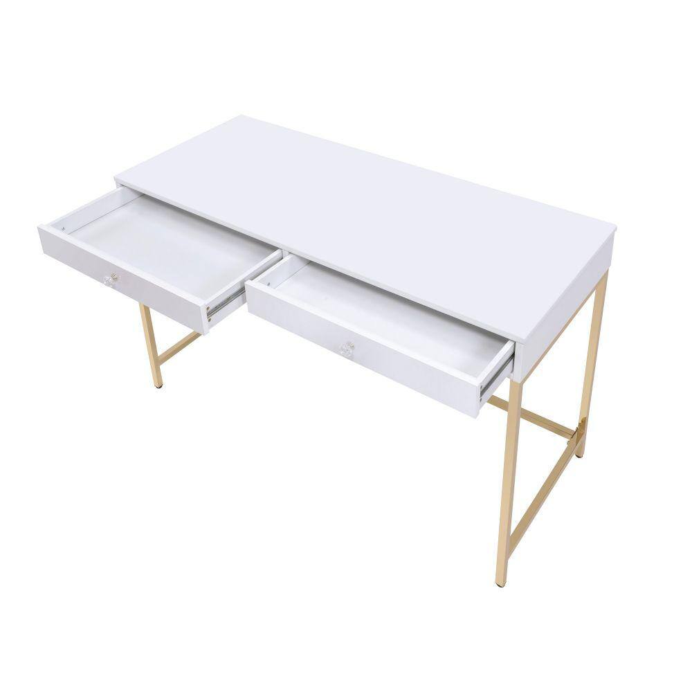 White High Gloss Rectangular Writing Desk with Gold Metal Base and 2 Drawers