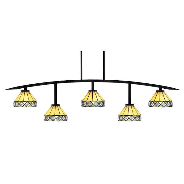 Unbranded Siena 5-Light Matte Black Billiard-Light with Diamond Peak Art Glass Shades