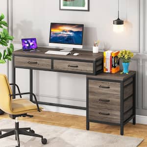Cassey 51 in. Rectangular Industrial Gray Wood 5-Drawer Computer Desk, Reversible Study Writing Desk for Home Office