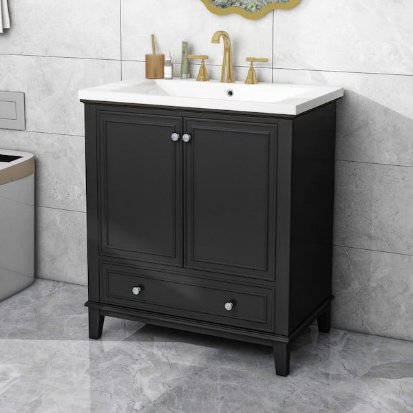 Ziyudura 30 in. Single Sink Freestanding Black Bath Vanity with White Ceramic Top, Removable Drawer Divider