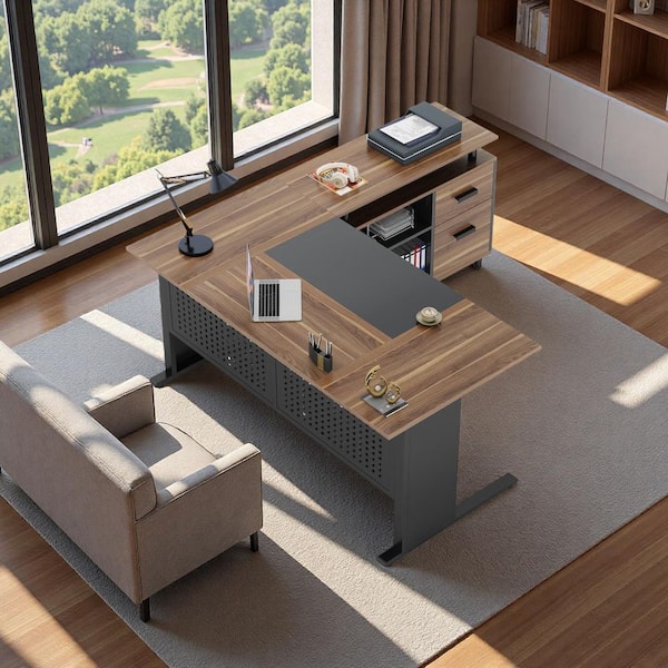 Tribesigns 63 in. Brown L Shaped Computer Desk with Drawers and