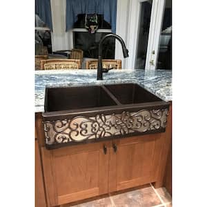 33 in. Copper Double Bowl 60/40 Kitchen Farmhouse Apron Front Scroll Sink in Oil Rubbed Bronze and Nickel