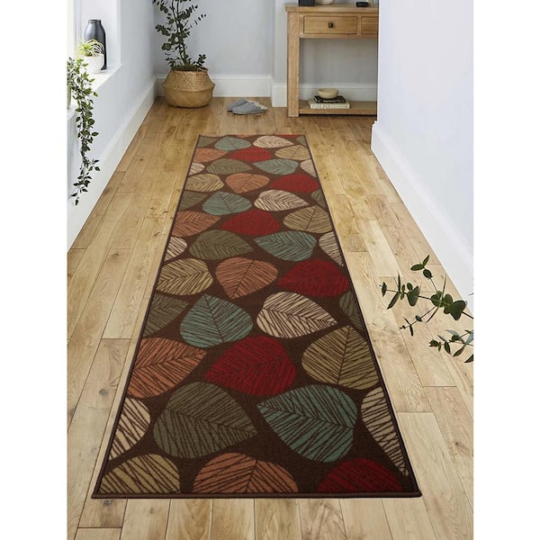 Leaves Leaf Design Cut to Size Brown Multicolor 26 " Width x Your Choice Length Custom Size Slip Resistant Runner Rug