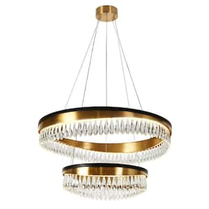 Delphinium 2-Light Dimmable Integrated LED Matte Black and Plating Brass Crystal Tiered Round Chandelier for Living Room