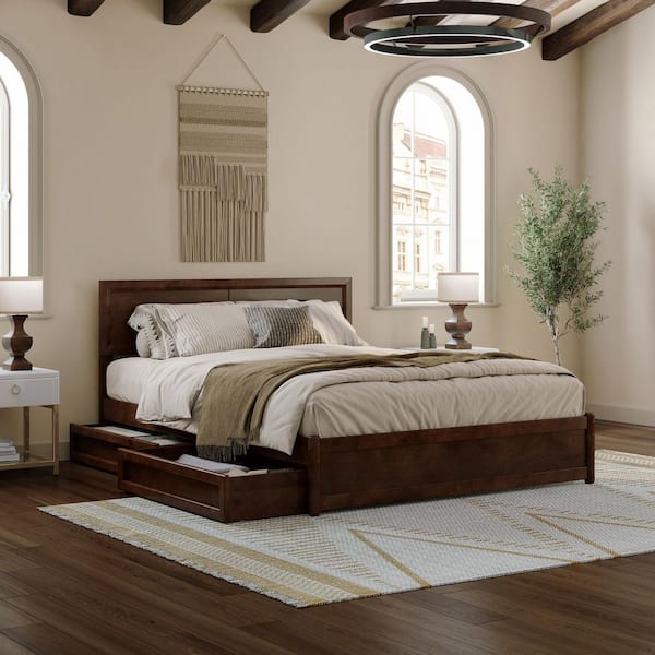 Lylah Walnut Brown Solid Wood Frame Queen Platform Bed with Panel Footboard and Storage Drawers