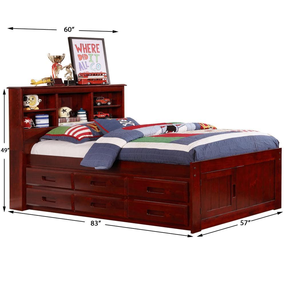 Rich Merlot Solid Pine Full Captain's Bookcase Bed with Storage Drawers