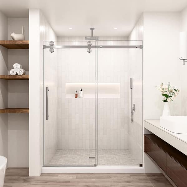 Lumina 60 in. W x 80 in. H Sliding Fully Frameless Shower Door in Brushed Nickel with SGCC 3/8 in. Tempered Clear Glass
