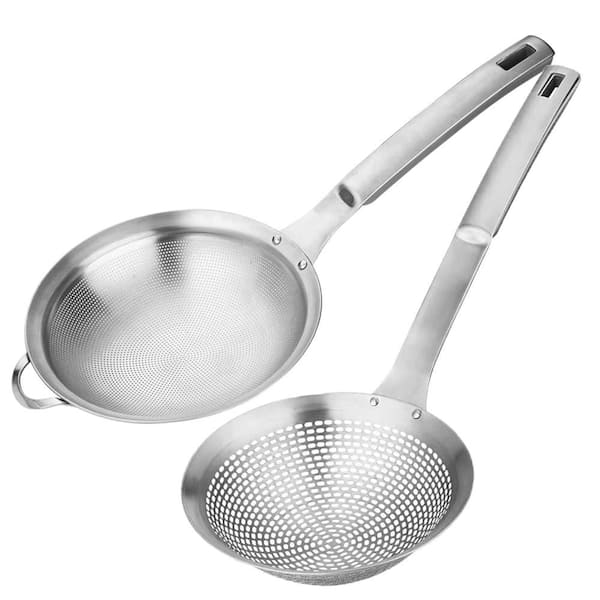 Fine Mesh Stainless Steel Slotted Colander Frying Spoon Set with Handle for Kitchen Cooking and Filter Food Residues