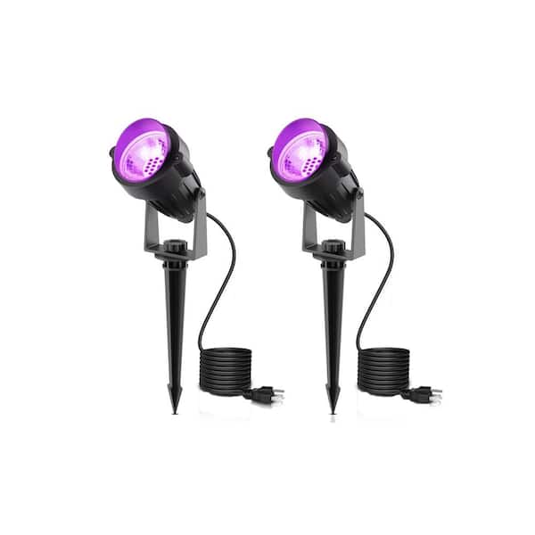 IP66 600 Lumens Black Plug-in Integrated LED Outdoor Spotlight with Dusk to Dawn Feature in Purple Light (2-Pack)