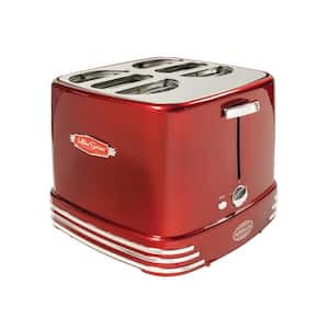 Retro Series 4-Slice Red Hot Dog and Bun Toaster with Crumb Tray and Mini Tongs