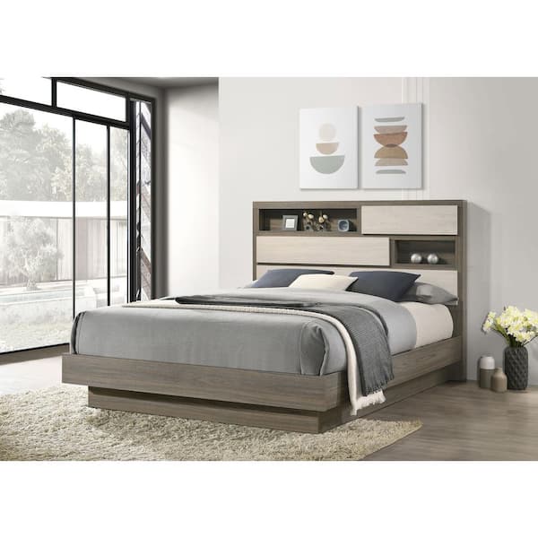 Fenwick Gray Oak Wood Frame California King Platform Bed with Bookcase Headboard