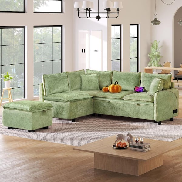 82.67 in. Square Arm Chenille L-Shaped Sofa in Green with A Storage Ottoman, 2 Pillows and 2 USB Ports