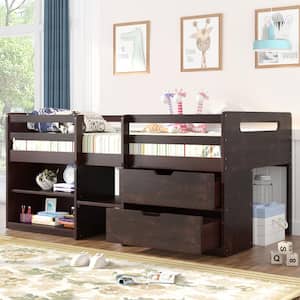 Twin size Loft Bed with Two Shelves and Two Drawers - Antique Espresso