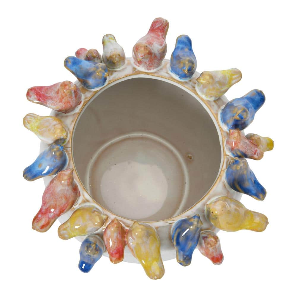 Multicolor Stoneware Planter with Birds on Rim