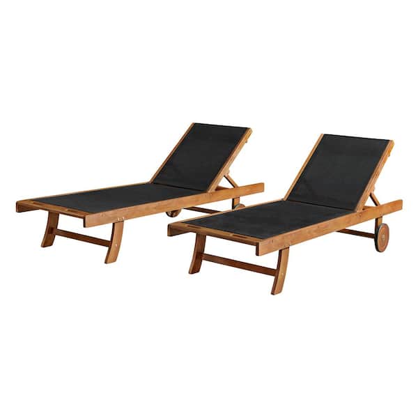 Caspian Set of 2 Eucalyptus Wood Outdoor Chaise Lounge Chairs with Mesh Seating