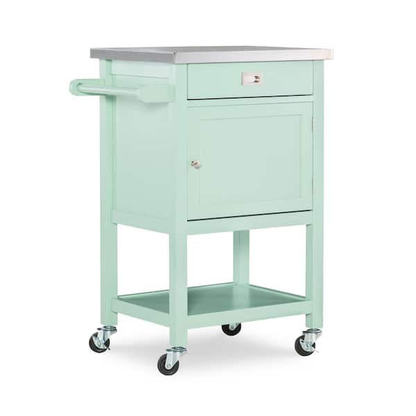 Linon Home Decor Saige Mint Green Stainless Steel top Kitchen Cart with Shelf and 2-Locking Casters