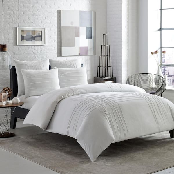 City Scene Variegated Pleats 2-Piece White Solid Cotton Twin Duvet Cover Set