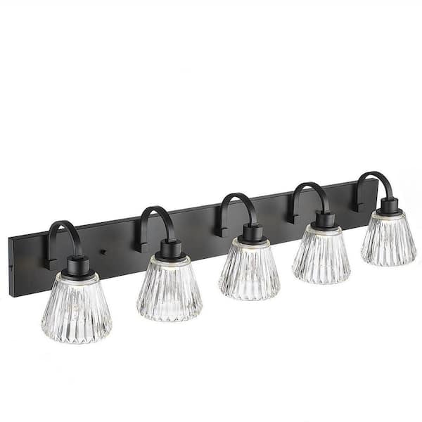 41 in. 5 Light Black LED Vanity Light with Fluted Ripple Glass