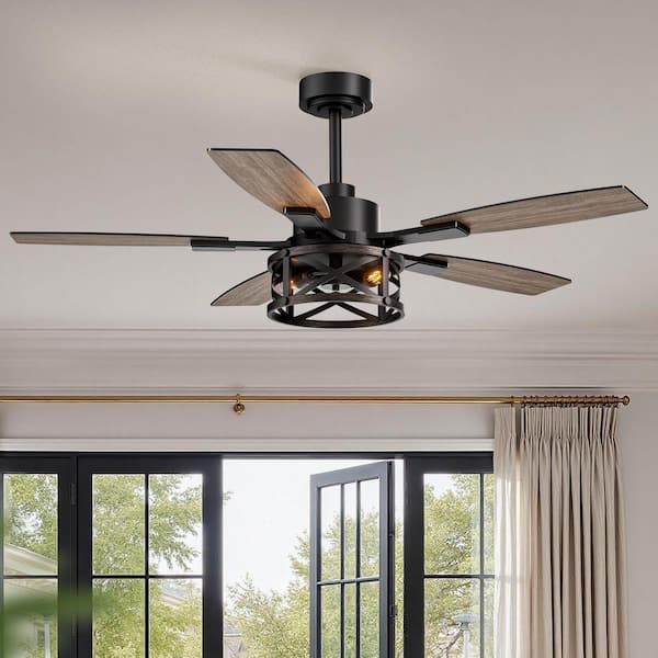 Farmhouse 52 in. Matte Black Downrod Ceiling Fan with Light, Grain Cage Ceiling Fan Fits Bedroom Incluede Remote