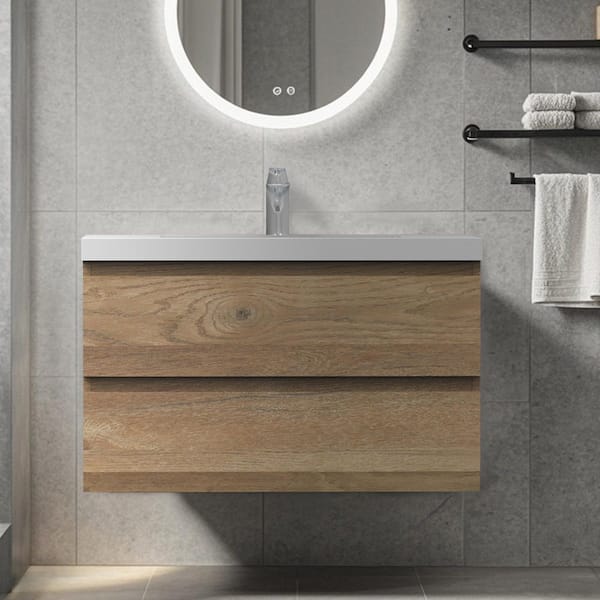 36 in. Wall-Mounted Floating Bath Vanity in Natural Oak with Single Solid Surface Sink Top in White