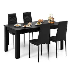 5-Piece Modern Rectangular Black Kitchen Table Set w/4 PVC Leather Dining Chairs Seats 4