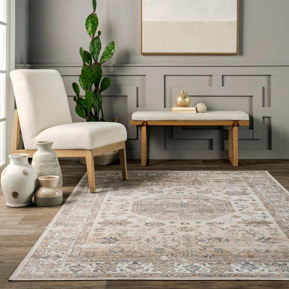 Darby Beige and Ivory Synthetic Flat Woven Washable Area Rug