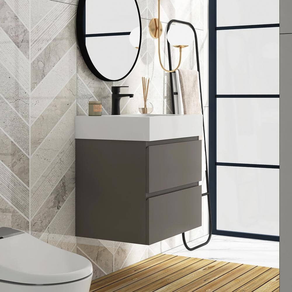 24" Grey Wall-Mounted Bathroom Vanity with White Cultured Marble Sink