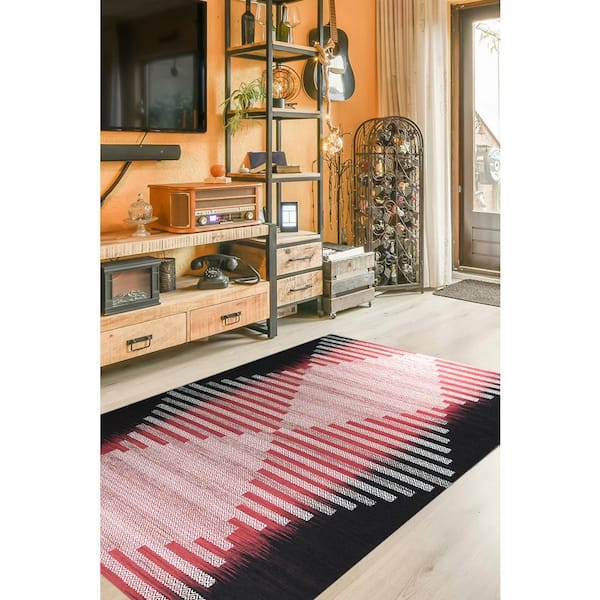 EORC Red/Black 9 ft. x 12 ft. Hand-Knotted Wool Modern Modern Flat Weave Rug Area Rug