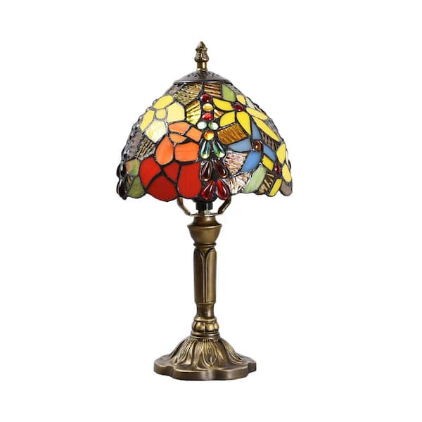 Latepis Decorative 14.6 in. Multi-Colored Tiffany-Style Table Lamp Bronze Finish Classic Rose Bedside Lamp