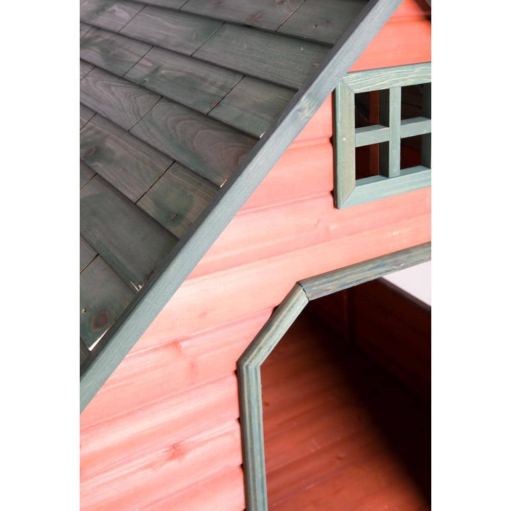 Large Cedar Wood Insulated Raised Doghouse with Green Trim
