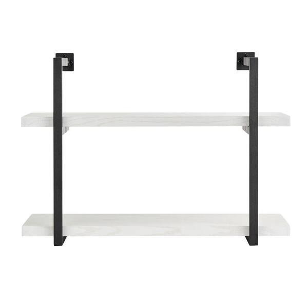 Danya B. Modern 2-Tier Hanging Bracket Wall Shelves in Black Metal and White Birch Finish