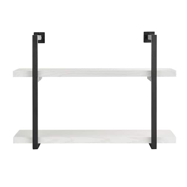 DANYA B Modern 31.5 in. x 11 in. x 22.5 in. 2-Tier Hanging Bracket Decorative Wall Shelf in Black Metal and White Birch Finish