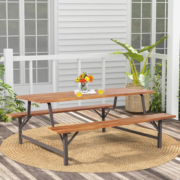 Acacia Wood Outdoor Picnic Table Bench Set with 71 in. Tabletop 2 in. Umbrella Hole